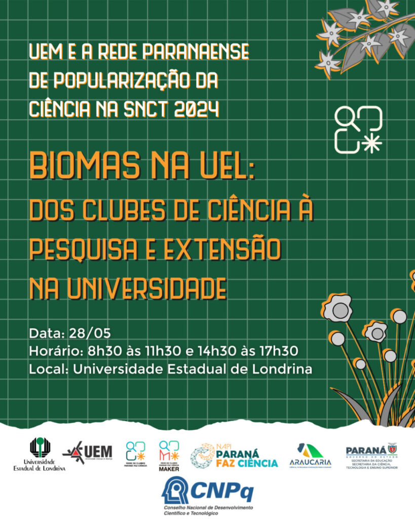 Imagem de divulgação do evento “Biomas na UEL: dos clubes de ciência à pesquisa e extensão na universidade”. Fundo verde com padrão quadriculado. A foto traz informações como data, horário e local. No rodapé, há os logos da UEL, da UEM, da Rede de Clubes PRFC, da Rede de Clubes PRFC MAKER, do NAPI Paraná Faz Ciência, da Fundação Araucária, do Governo do Paraná e do CNPq.