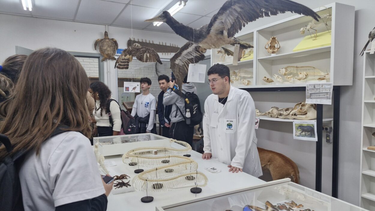 A imagem mostra uma visita ao Museu de Zoologia da Universidade Estadual de Londrina (UEL). Um grupo de estudantes observa com atenção as exposições, enquanto um monitor, identificado pelo jaleco branco e o logotipo do curso de Biologia, interage com os visitantes.O ambiente é uma sala ampla, bem iluminada, com várias prateleiras e vitrines contendo esqueletos e exemplares de animais. No centro da imagem, há uma vitrine com um grande esqueleto articulado de uma cobra. Os visitantes usam mochilas e uniformes escolares.