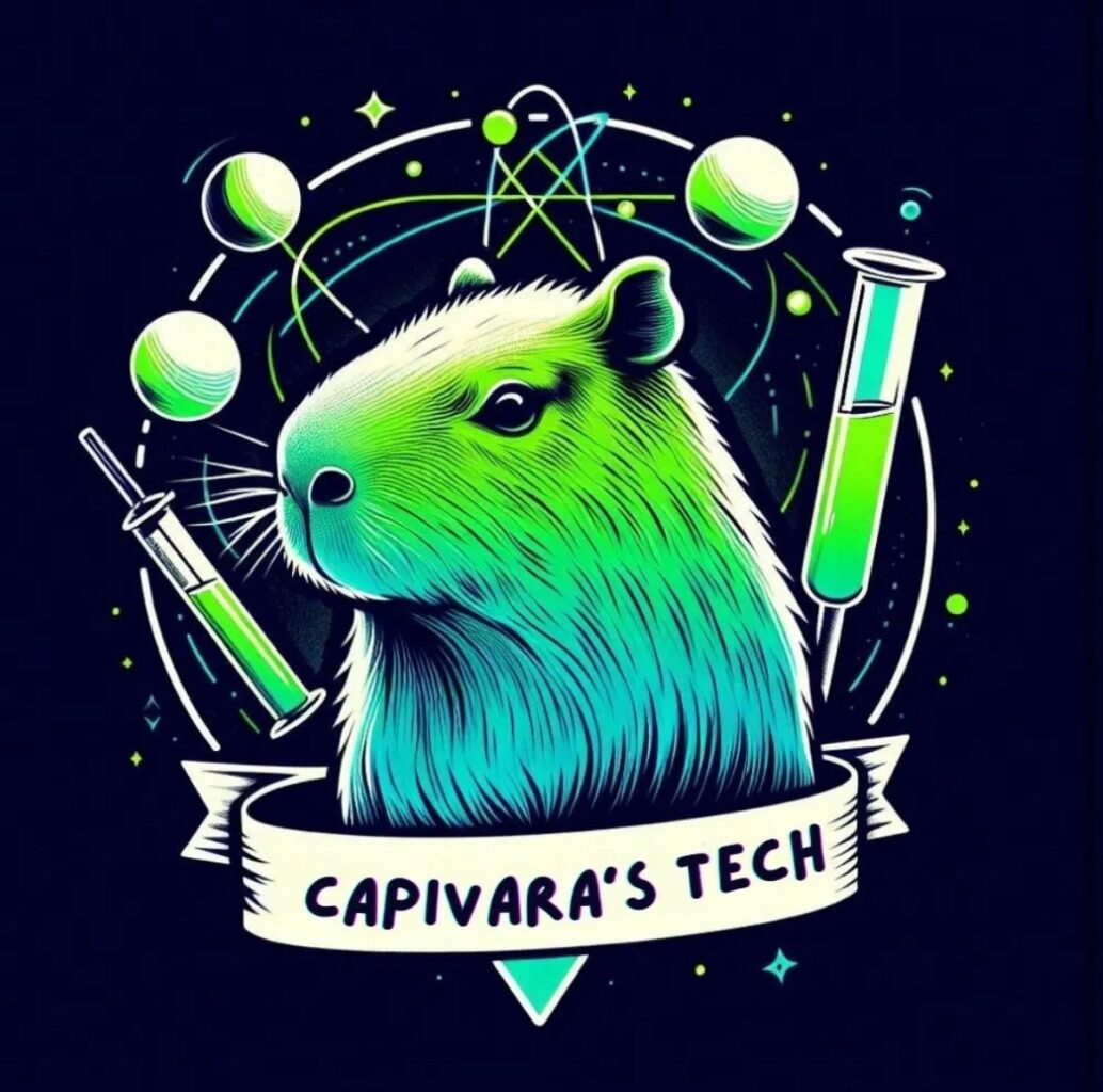A imagem apresenta uma ilustração estilizada de uma capivara com tons vibrantes de verde e azul, em um fundo escuro. A capivara está centralizada e cercada por elementos gráficos relacionados à tecnologia e à ciência, como átomos, planetas, seringas e tubos de ensaio com líquidos verdes. Na parte inferior da imagem, há uma faixa com o texto "CAPIVARA'S TECH", que reforça a temática tecnológica do design. A composição tem um estilo moderno e futurista com detalhes luminosos, transmitindo uma sensação de inovação e criatividade.