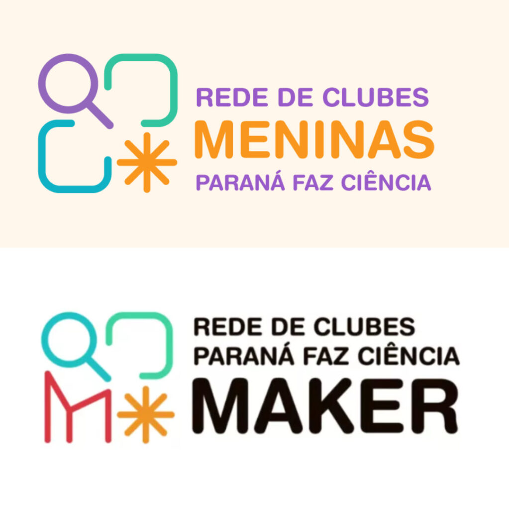 A imagem contém dois logotipos diferentes, um na parte superior e outro na parte inferior, ambos relacionados à "Rede de Clubes Paraná Faz Ciência". Na parte superior há um ícone composto por uma lupa roxa (representando ciência ou investigação), dois cantos arredondados em verde água formando um quadrado aberto e um asterisco laranja. Está escrito: “REDE DE CLUBES” em roxo, “MENINAS” em laranja, “PARANÁ FAZ CIÊNCIA” em roxo, abaixo da palavra "MENINAS" e o fundo é bege claro. Na parte inferior há um ícone similar ao de cima, mas com pequenas diferenças nas cores e elementos. Com uma lupa em verde água, um “M” estilizado em vermelho, um asterisco laranja e dois cantos arredondados em verde água, formando um quadrado aberto. Enquanto na parte textual está escrito: “REDE DE CLUBES” e “PARANÁ FAZ CIÊNCIA” em preto e “MAKER” em preto, mas com a fonte mais espessa e o fundo branco.