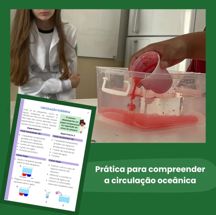A galeria mostra estudantes em ambiente escolar, reunidos em mesas de estudo e bancadas de laboratório. As imagens também destacam materiais didáticos utilizados nas atividades, com experimentos envolvendo água, terra, plantas e recipientes diversos.