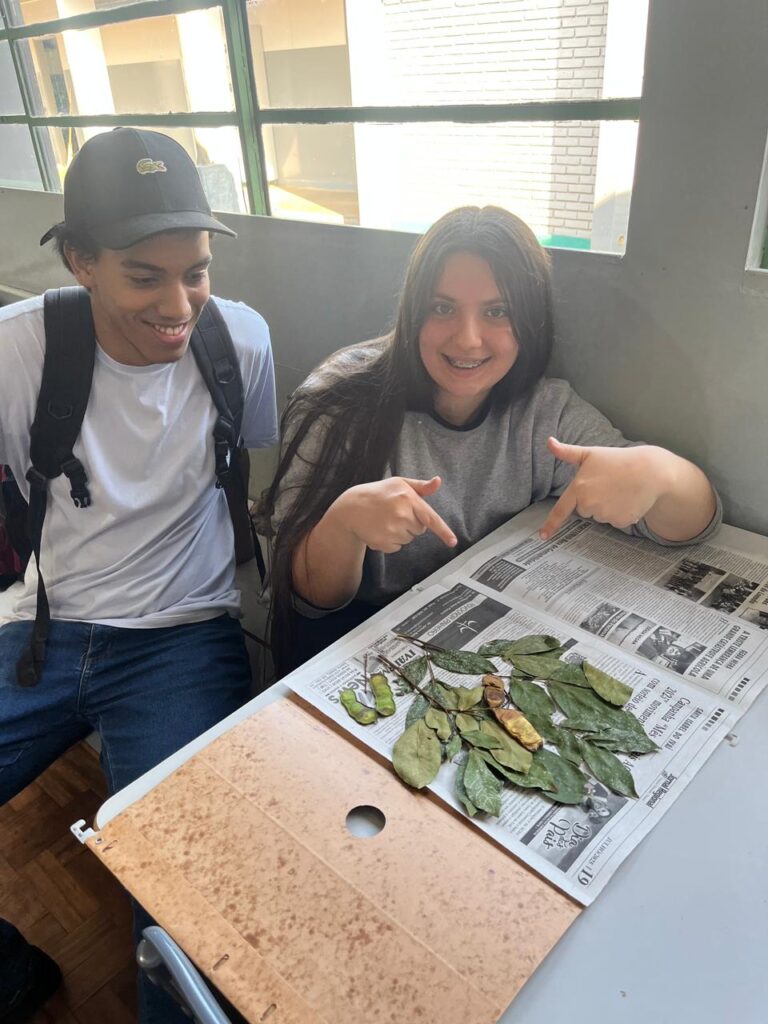 A imagem mostra dois estudantes sentados lado a lado em uma sala de aula. À esquerda, um rapaz de boné preto, camiseta branca e mochila preta sorri enquanto observa. À direita, uma jovem de cabelos longos e soltos, usando camiseta cinza, aponta animada para algumas folhas e galhos dispostos sobre uma folha de jornal em cima da carteira escolar. O material parece fazer parte de uma atividade prática relacionada ao estudo de plantas.