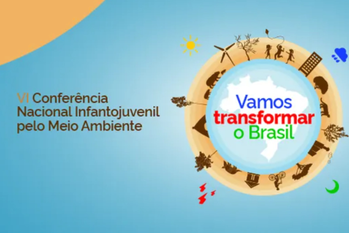 A imagem é o cartaz da "VI Conferência Nacional Infantojuvenil pelo Meio Ambiente". O fundo é em tons de azul, com um canto superior esquerdo em tom alaranjado. À esquerda da imagem, está escrito em letras escuras: "VI Conferência Nacional Infantojuvenil pelo Meio Ambiente" No centro, há um círculo com o mapa do Brasil ao centro e a frase: "Vamos transformar o Brasil”. Ao redor desse círculo, há várias silhuetas em marrom representando temas ambientais e sociais.
