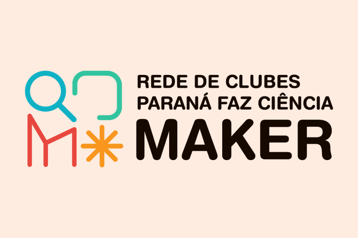 A imagem tem fundo laranja claro e no centro está a logo da Rede de Clubes Paraná Faz Ciência Maker.