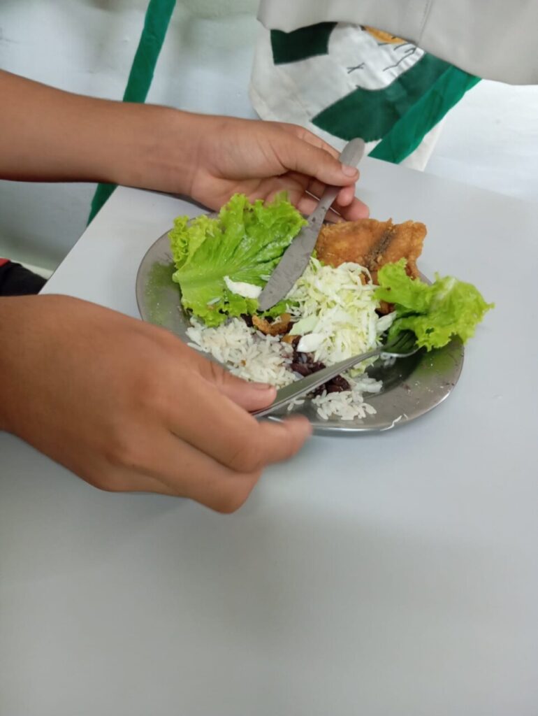 Na foto, um prato de comida bem equilibrado, com arroz, feijão, proteína, e salada. a cor do utensílio é prateada e está sendo segurada por duas mãos.
