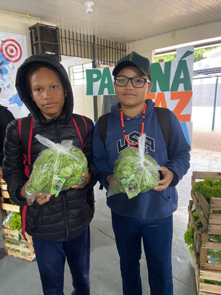 A galeria mostra fotos dos clubistas entregando as alfaces que eles cultivaram aos pais e alunos da escola. Há ambientes internos e externos e as alfaces estão envolvidas em sacolas plásticas para a praticidade no transporte. Alguns adultos são pais dos alunos e seguram pacotes contendo uniformes escolares.