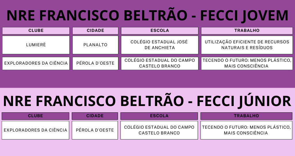 A imagem mostra uma lista com o nome dos clubes, cidade, escola e trabalhos aprovados no evento.