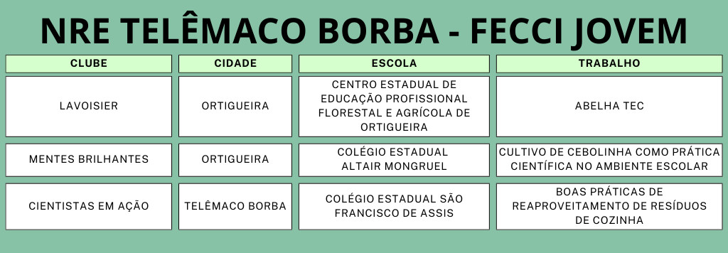 A imagem mostra uma lista com o nome dos clubes, cidade, escola e trabalhos aprovados no evento.