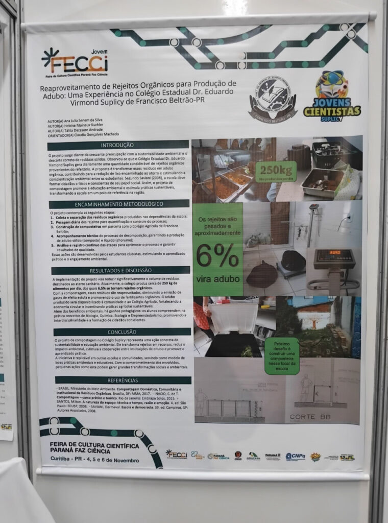 A galeria mostra 5 fotos dos momentos do Clube de Ciências Jovens Cientistas na Feira de Cultura Científica Paraná Faz Ciência (FECCI). O ambiente é coberto e bem iluminado, com estandes e objetos para apresentação da pesquisa desenvolvida pelos clubistas. Há fotos que mostram o banner e os recipientes transparentes nos estandes. A última foto mostra os clubistas em um palco, posando com medalhas, certificados e prêmios pelo 2º lugar na categoria Ciências da Saúde Junior com o projeto “Clubes de Ciência como Espaço de Formação: Qualidade do Leite e seus Derivados em Perspectiva”.