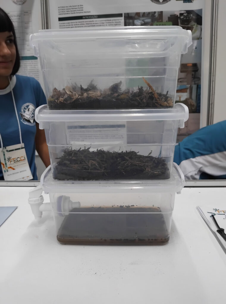 A galeria mostra 5 fotos dos momentos do Clube de Ciências Jovens Cientistas na Feira de Cultura Científica Paraná Faz Ciência (FECCI). O ambiente é coberto e bem iluminado, com estandes e objetos para apresentação da pesquisa desenvolvida pelos clubistas. Há fotos que mostram o banner e os recipientes transparentes nos estandes. A última foto mostra os clubistas em um palco, posando com medalhas, certificados e prêmios pelo 2º lugar na categoria Ciências da Saúde Junior com o projeto “Clubes de Ciência como Espaço de Formação: Qualidade do Leite e seus Derivados em Perspectiva”.