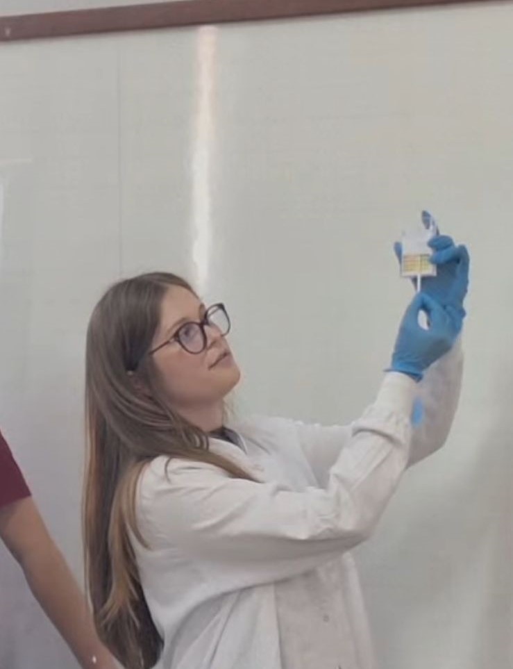 A galeria mostra momentos da oficina “Lixo Eletrônico e Metais Pesados” no Colégio Estadual José de Anchieta, em Dois Vizinhos. Em uma sala de aula com carteiras enfileiradas, lousa e TV para slides, professores demonstram o uso de uma fita indicadora ácido-base em uma mesa com equipamentos.