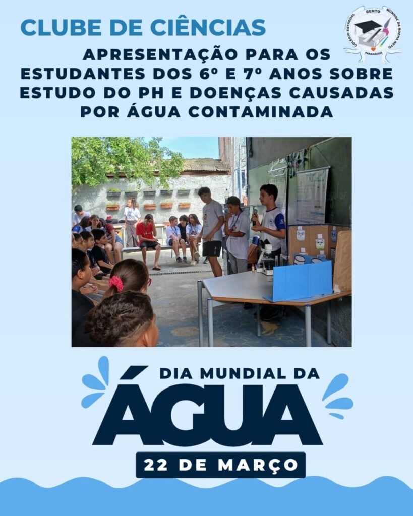 Alunos apresentam experimento científico para colegas sentados, utilizando materiais e painel explicativo sobre água.