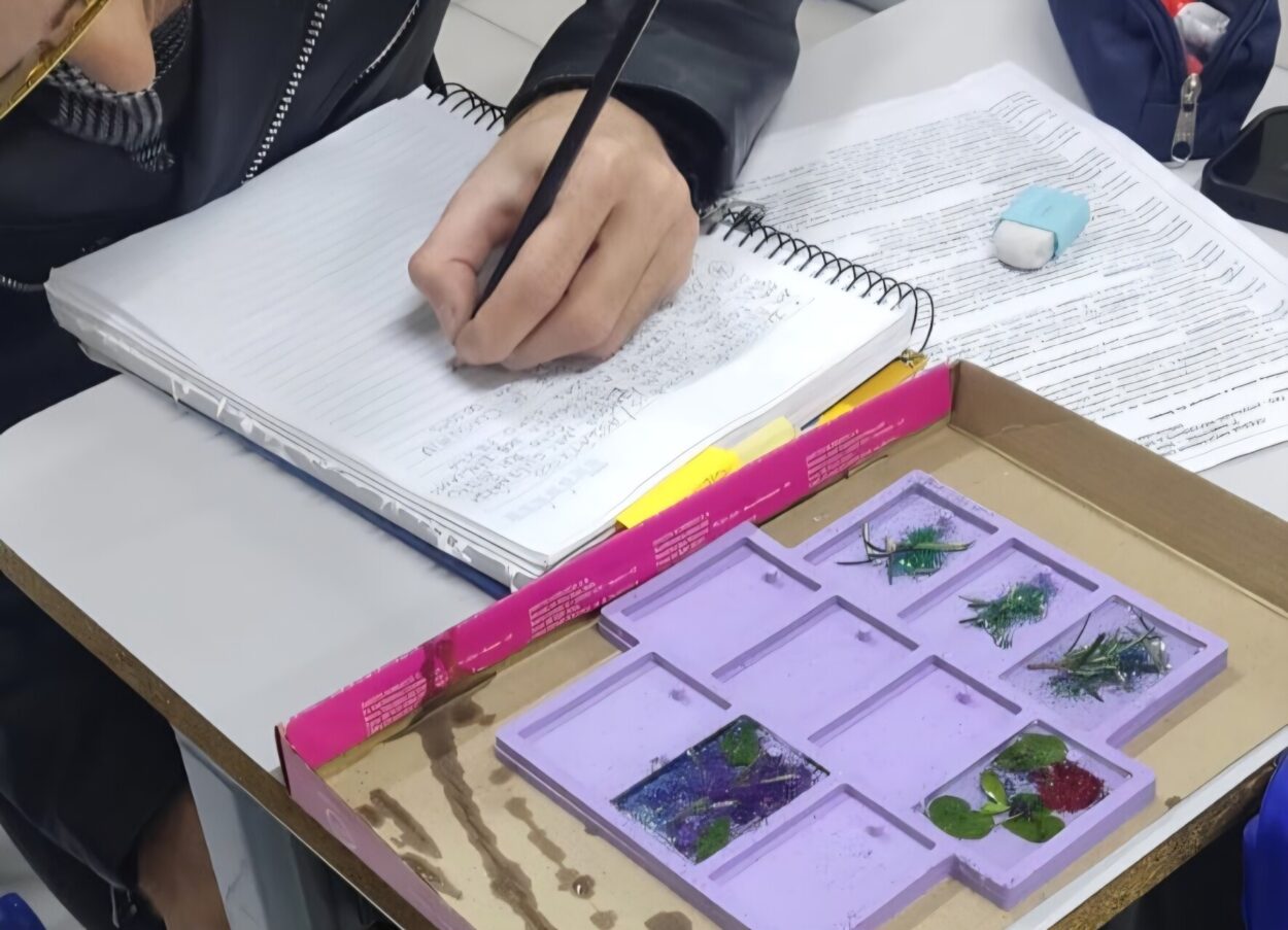 Esta imagem mostra uma atividade de estudo ou análise científica em uma mesa. Uma pessoa está escrevendo em um caderno com um lápis. O caderno tem muitas anotações e textos, provavelmente de uma atividade prática. Sobre a mesa há: Outro caderno aberto, Uma borracha, Post-its coloridos. Em frente ao caderno há uma caixa com divisões, contendo: pequenos fragmentos de plantas, folhas verdes, musgos ou material vegetal. A caixa tem compartimentos, indicando que os materiais estão organizados para observação ou classificação.