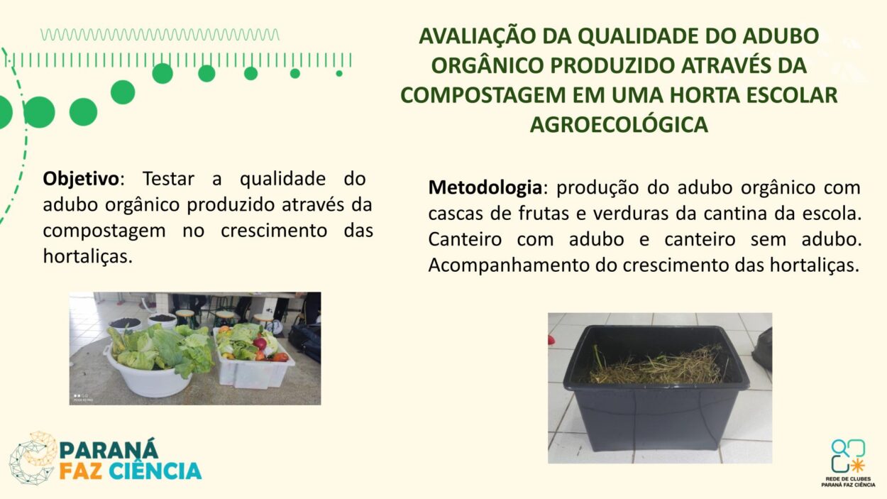 As imagens mostram os integrantes do clube Liga Científica durante sua apresentação. No palco, estudantes e a professora compartilham o projeto com o público, apoiados por um painel de slides. Três fotos da galeria destacam os resultados da pesquisa diretamente da tela de apresentação.