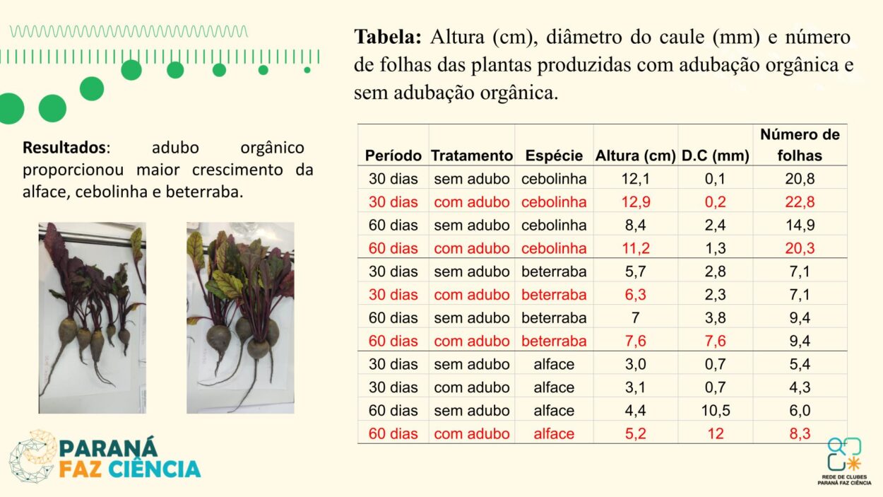 As imagens mostram os integrantes do clube Liga Científica durante sua apresentação. No palco, estudantes e a professora compartilham o projeto com o público, apoiados por um painel de slides. Três fotos da galeria destacam os resultados da pesquisa diretamente da tela de apresentação.