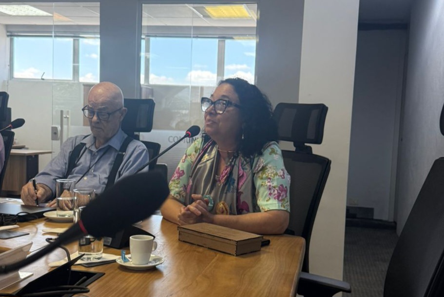 Imagem de uma reunião em ambiente institucional. Em primeiro plano, uma mulher de cabelos cacheados e escuros, usando óculos e uma blusa estampada com flores, fala ao microfone com as mãos apoiadas sobre a mesa. À sua frente, há uma caixa de papelão pequena, uma xícara de café, um pires e um copo de água. À esquerda, um homem idoso, de cabeça calva e usando óculos, camisa clara e suspensórios, está sentado e escreve em um caderno. O ambiente possui uma mesa de madeira, cadeiras de escritório e, ao fundo, uma parede de vidro com janelas que deixam entrar luz natural, mostrando o céu azul do lado de fora. Um microfone aparece em destaque no canto inferior da imagem, indicando que a fala está sendo registrada.