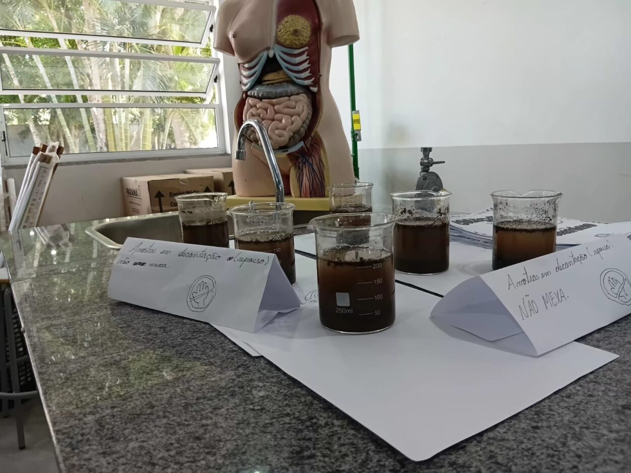 Bancada de laboratório com vários béqueres contendo líquido escuro em processo de separação por decantação; ao fundo, um modelo anatômico do corpo humano e uma pia.