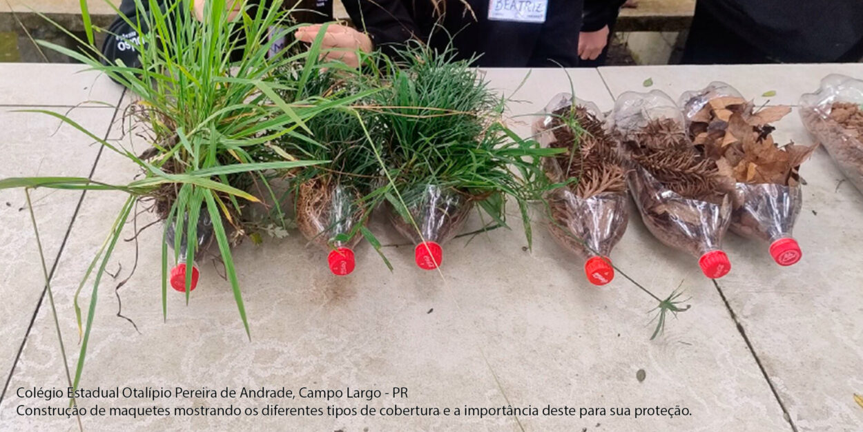 A galeria reúne momentos do clube do Colégio Estadual Otalípio Pereira de Andrade, em Campo Largo. As imagens registram os membros no laboratório da escola e ao ar livre em diferentes etapas, destacando a construção da maquete da fossa ecológica.