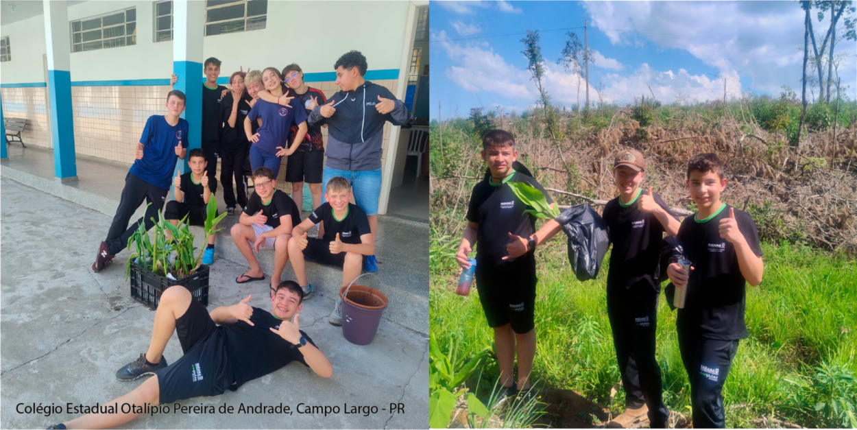 A galeria reúne momentos do clube do Colégio Estadual Otalípio Pereira de Andrade, em Campo Largo. As imagens registram os membros no laboratório da escola e ao ar livre em diferentes etapas, destacando a construção da maquete da fossa ecológica.
