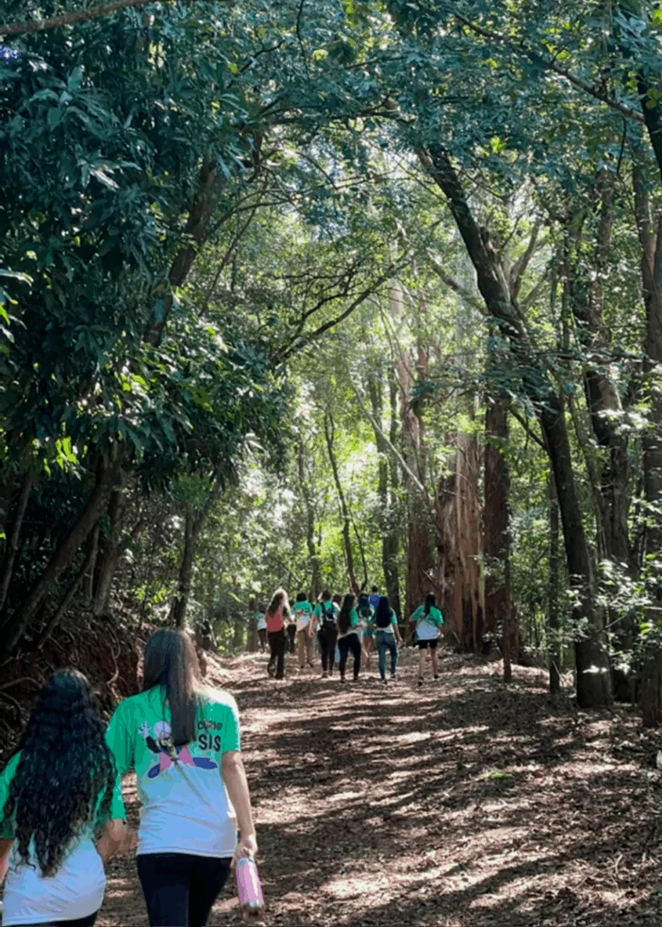 Na imagem, alunos e professores do Clube de Ciências do Colégio Estadual Vital Brasil caminhando pelo Horto da cidade. A trilha é repleta de árvores e os alunos estão de costas caminhando, utilizando camisetas verdes.