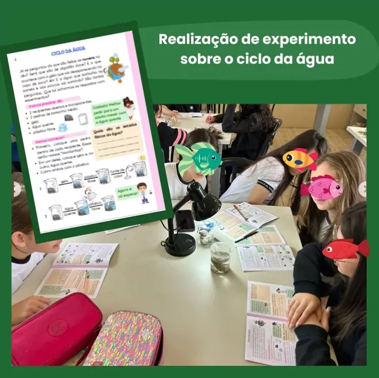 A galeria mostra estudantes em ambiente escolar, reunidos em mesas de estudo e bancadas de laboratório. As imagens também destacam materiais didáticos utilizados nas atividades, com experimentos envolvendo água, terra, plantas e recipientes diversos.
