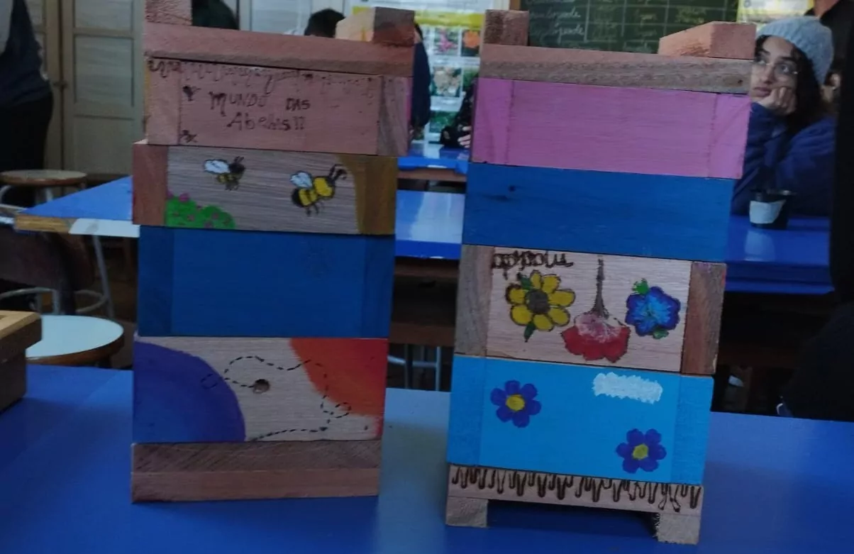 A imagem mostra duas casinhas construídas pelos estudantes. Elas foram montadas com o objetivo de abrigar um enxame de abelha Jataí na escola. As casinhas são coloridas e estão em cima de uma mesa de laboratório. Ao fundo, é possível ver alguns alunos e outras mesas.