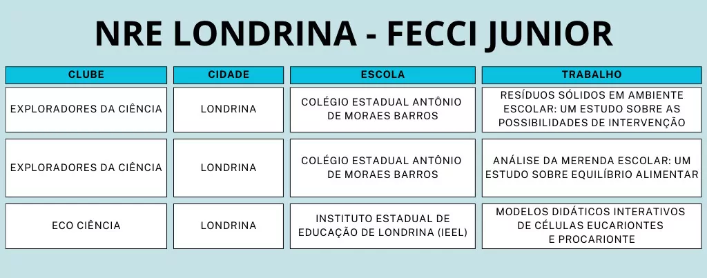 A imagem mostra uma lista com o nome dos clubes, cidade, escola e trabalhos aprovados no evento.